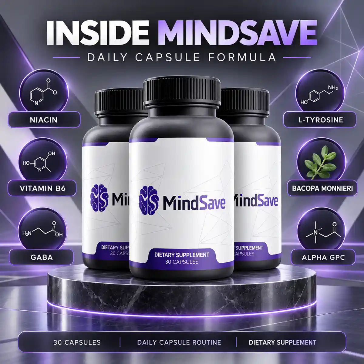 MindSave seller artwork titled Inside MindSave: three bottles on a dark marble plinth ringed by six chemical structure diagrams for niacin, vitamin B6, GABA, L-tyrosine, bacopa monnieri and alpha GPC