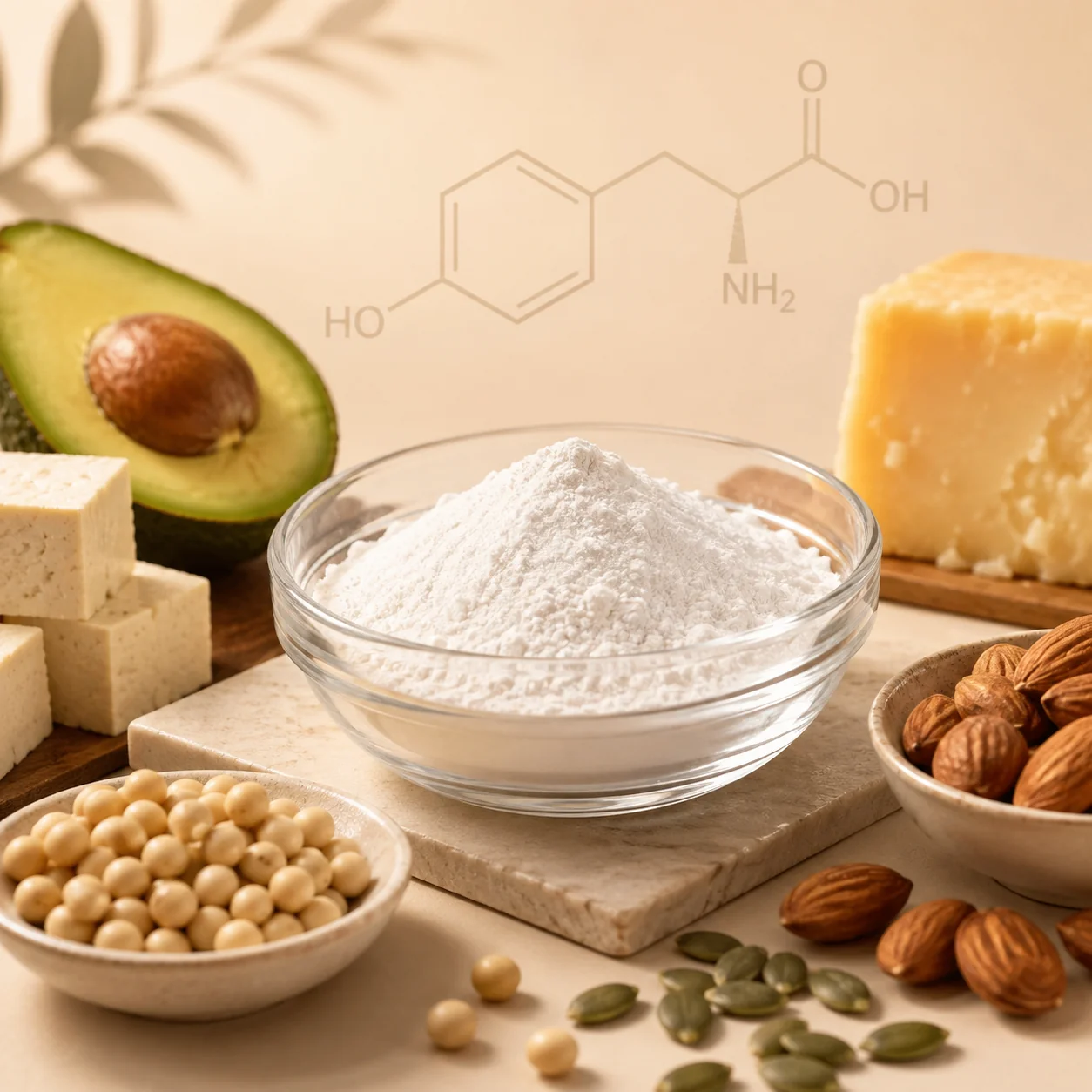 A glass bowl of L-tyrosine powder with avocado, tofu, aged cheese and almonds around it