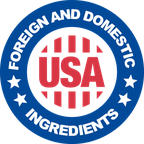 Blue roundel reading Foreign and Domestic Ingredients around a USA monogram