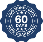 Navy starburst seal reading 100 percent money back, 60 days, 100 percent guarantee