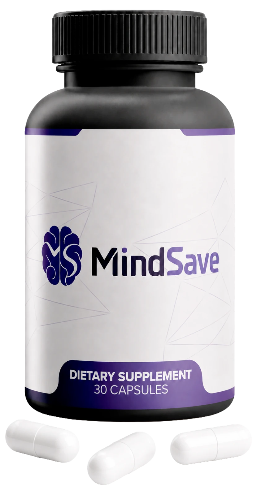 A single MindSave bottle with three white capsules lying in front of it, showing the size and shape of one serving