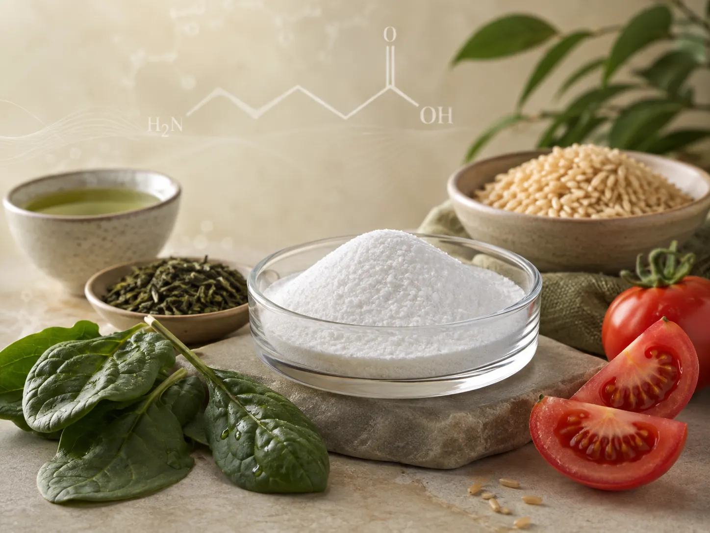 A glass dish of white GABA powder among spinach, green tea, brown rice and tomatoes, with the molecule drawn behind
