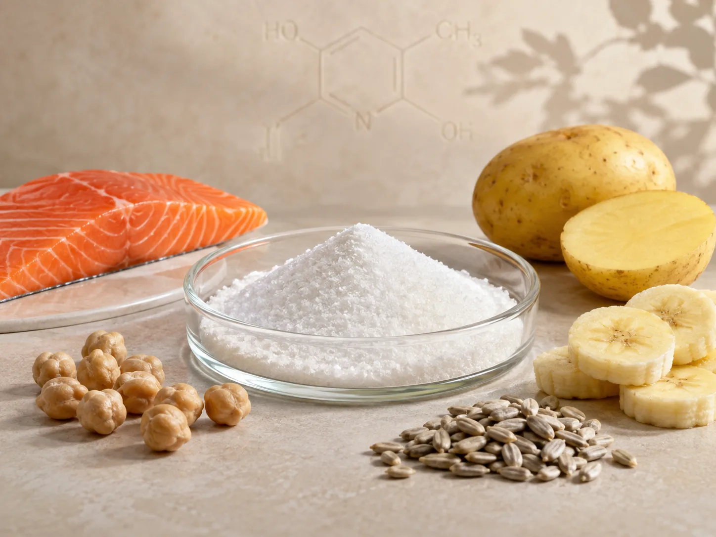 A glass dish of vitamin B6 powder beside bananas, salmon, chickpeas and pistachios