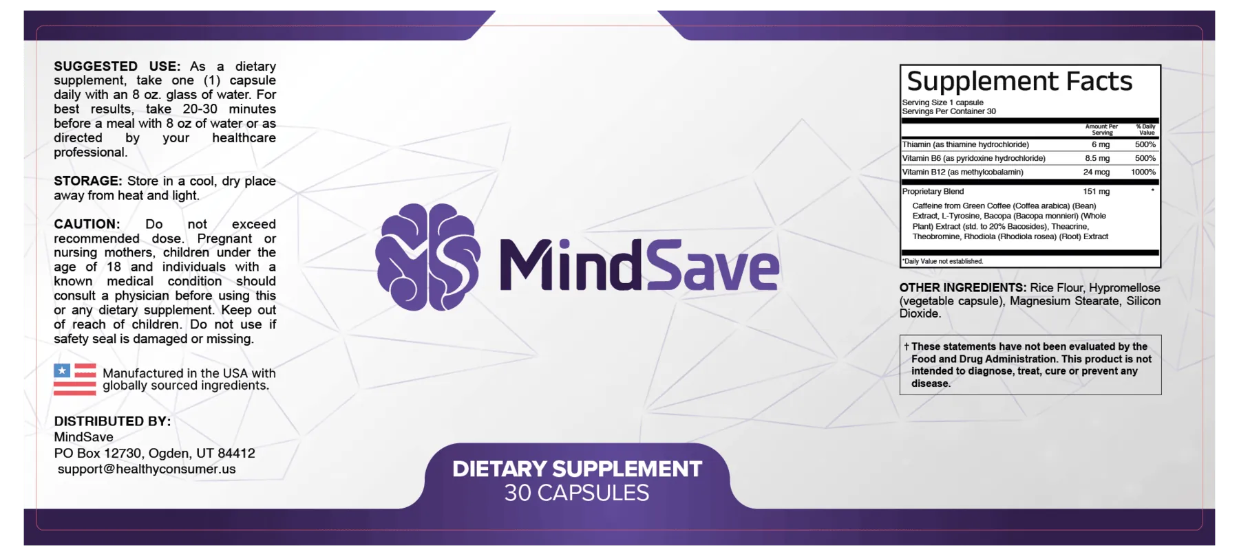 The MindSave label artwork unrolled flat: suggested use, storage and caution text on the left, the brand wordmark in the centre, and a Supplement Facts panel with other ingredients on the right