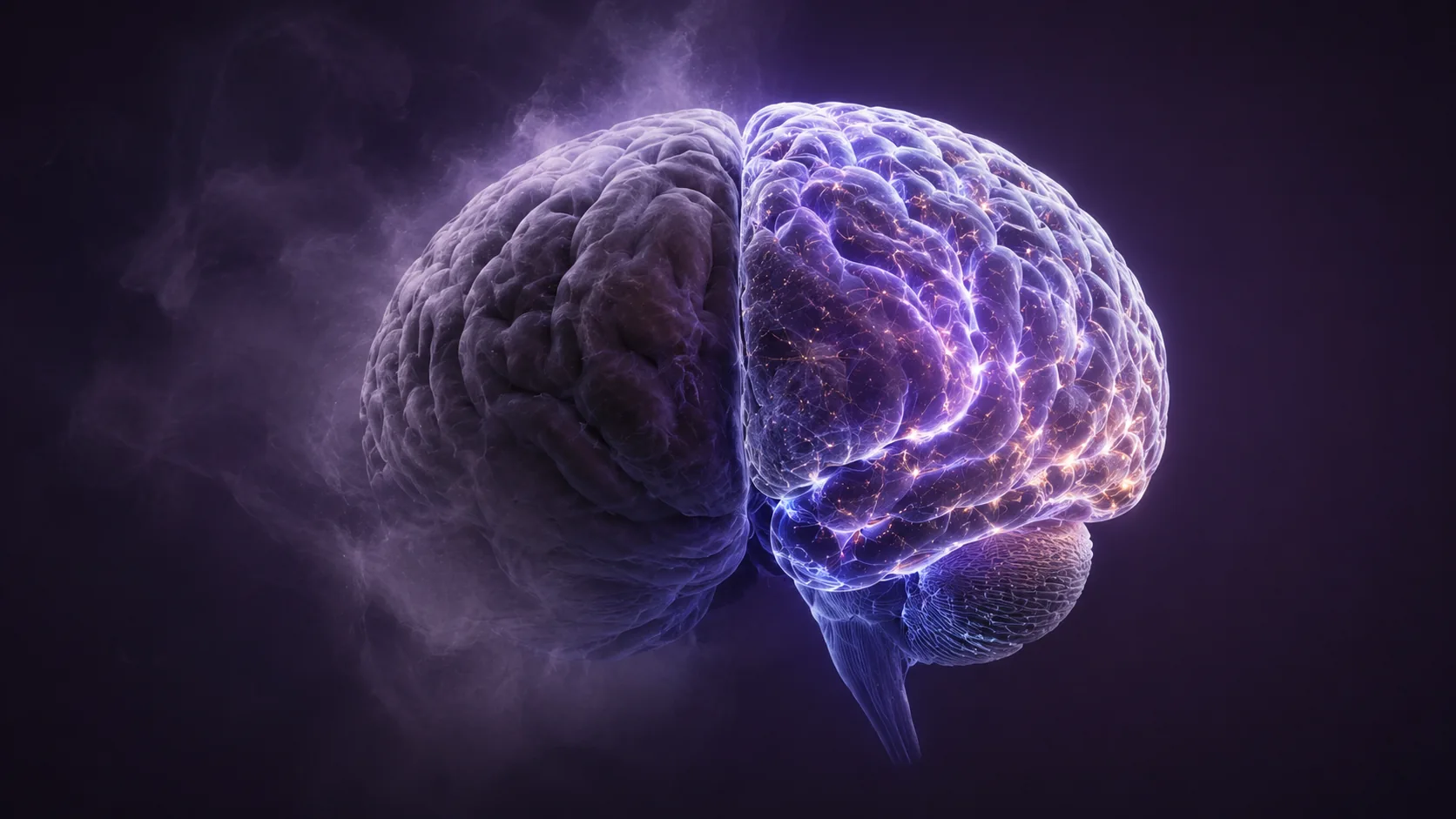 A rendered brain lit on one side in violet and gold and left dark on the other, on a deep purple ground